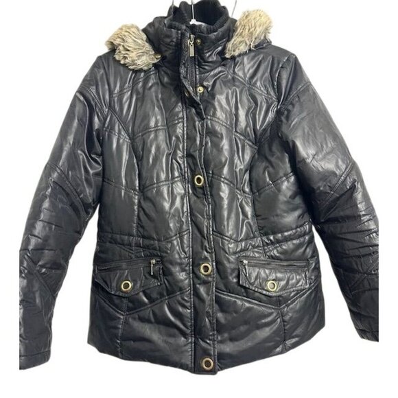 Classic Elements Outerwear Y2K Black & Gold Quilted Faux Fur Hood Women Jacket L - Picture 2 of 8
